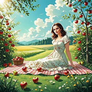 Young Woman Picnicking in Orchard
