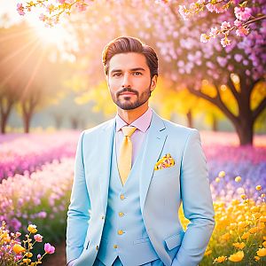 Handsome Man in Light Blue Suit in Flower Garden