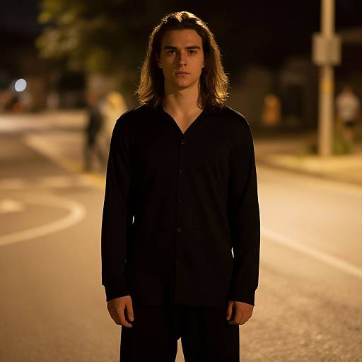 Young Man with Long Hair Standing on Night Street in Black Shirt