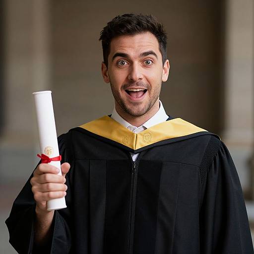 Happy Young Man in Graduation Gown Holding Diploma