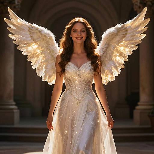 Elegant Woman with Glowing Angel Wings in Sparkling White Gown