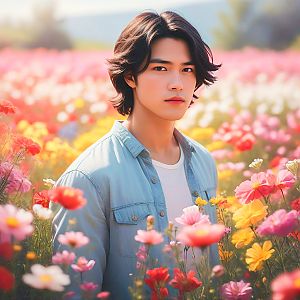 Young Man in Denim Jacket Amidst Colorful Wildflowers