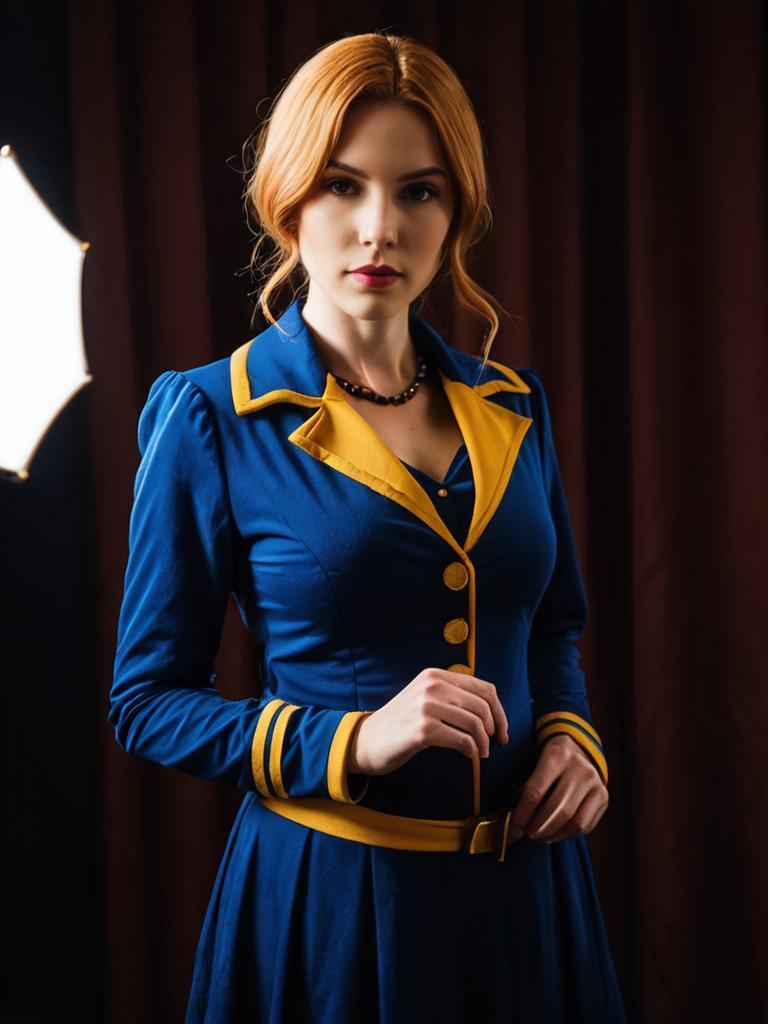 Realistic Rebecca Character Cosplay Woman in Blue and Yellow Costume