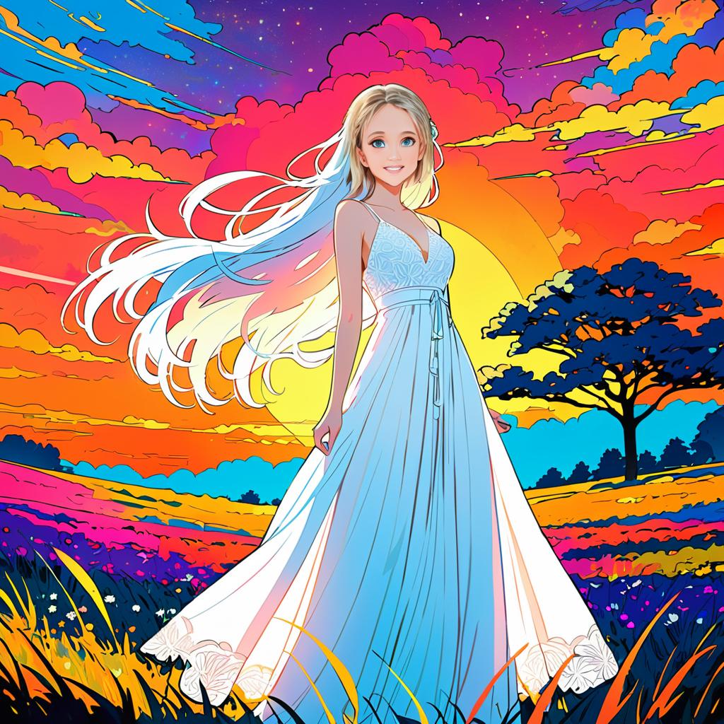 Anime Woman in Flowing Blue Dress at Sunset