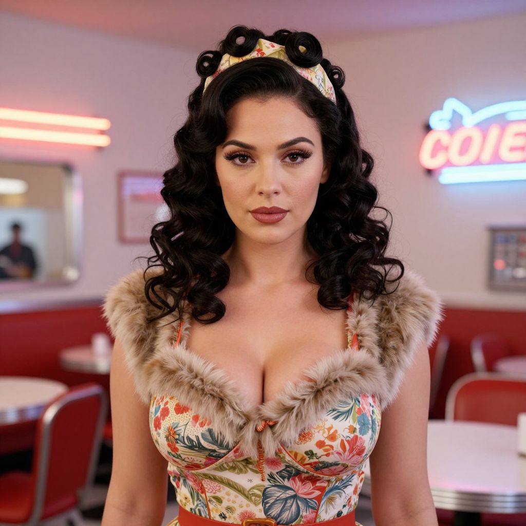 Vintage 1950s Woman in Retro Diner with Floral Dress and Fur Trim