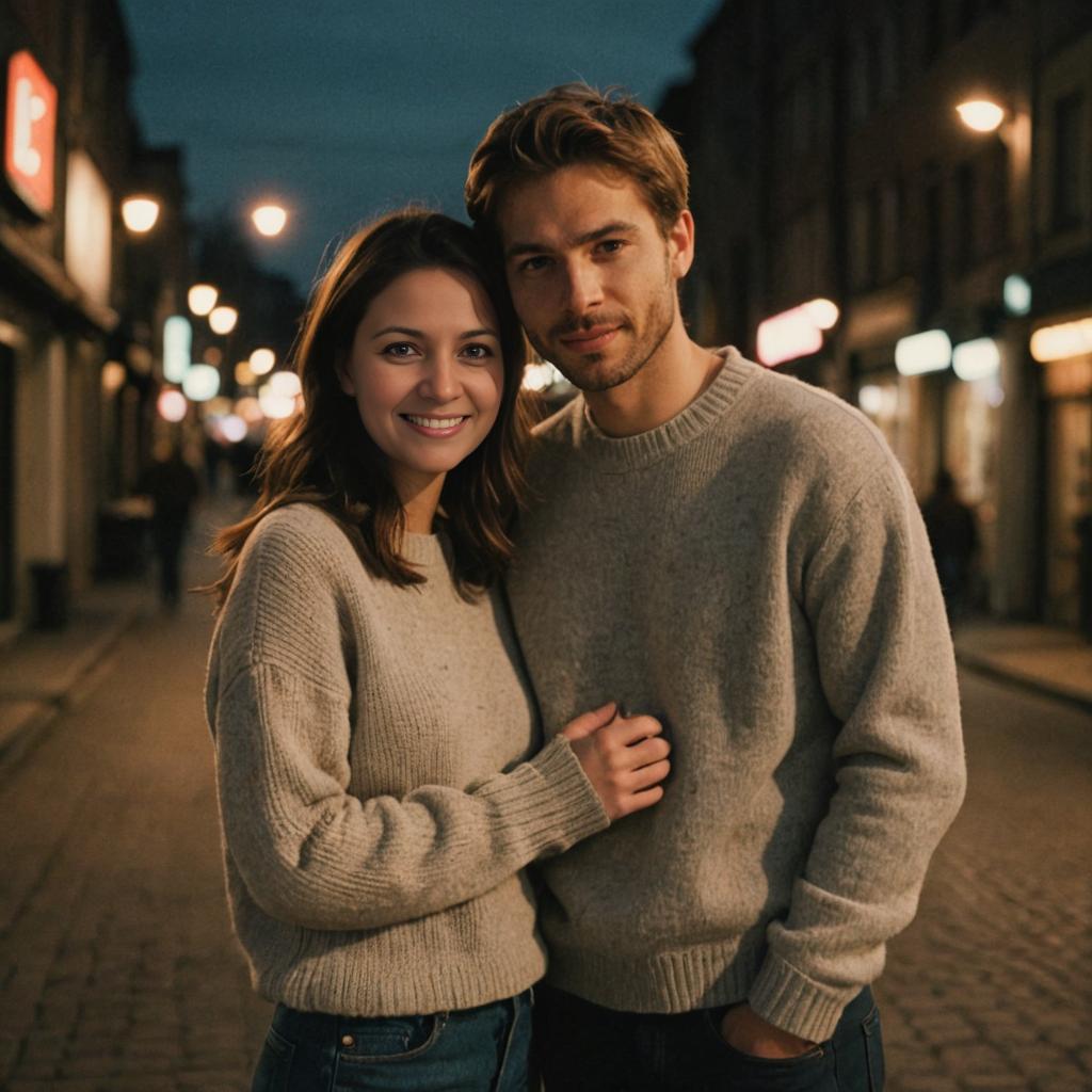 Couple in Warm Embrace on Dimly Lit Street