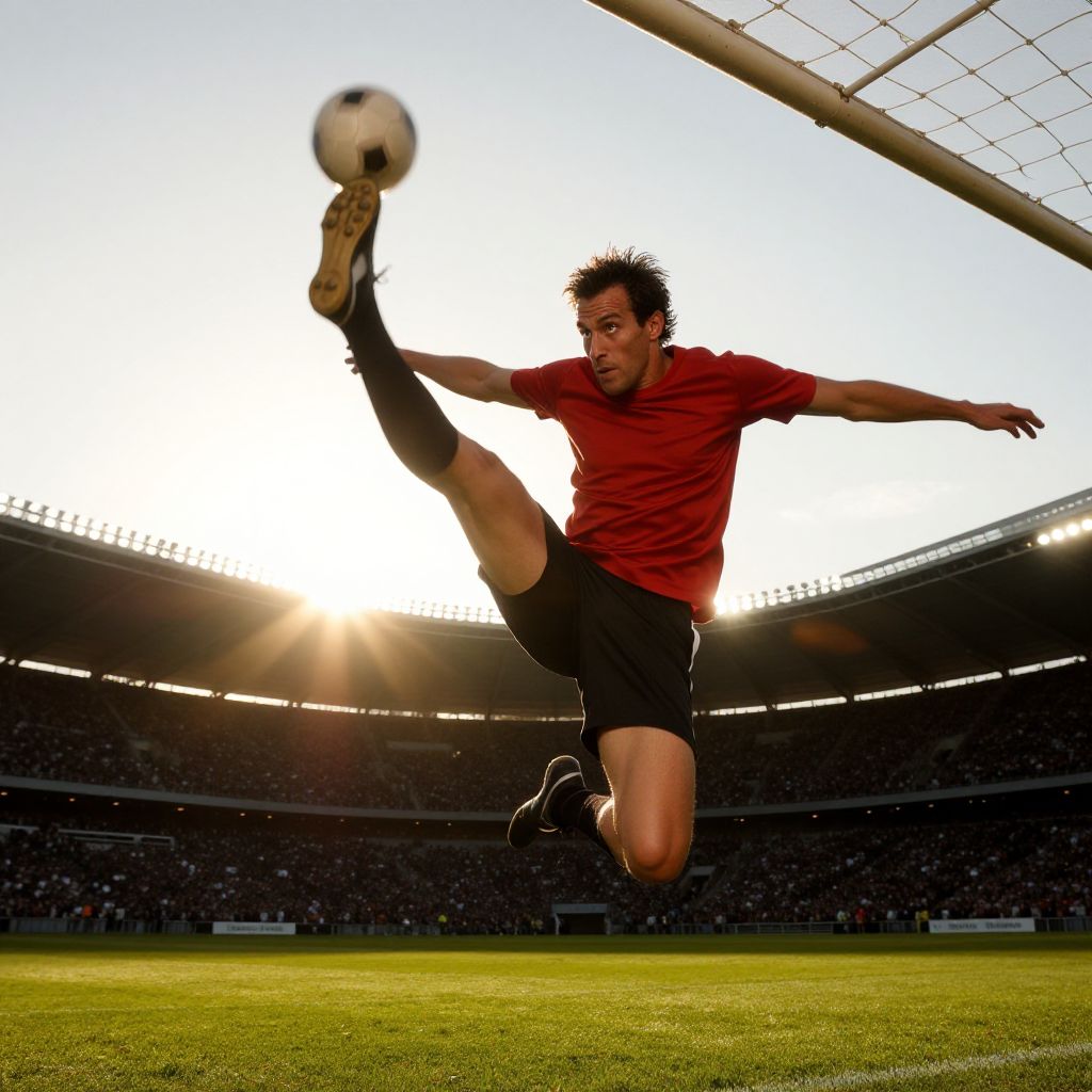 Male Soccer Player Executing High Kick Near Goal in Stadium