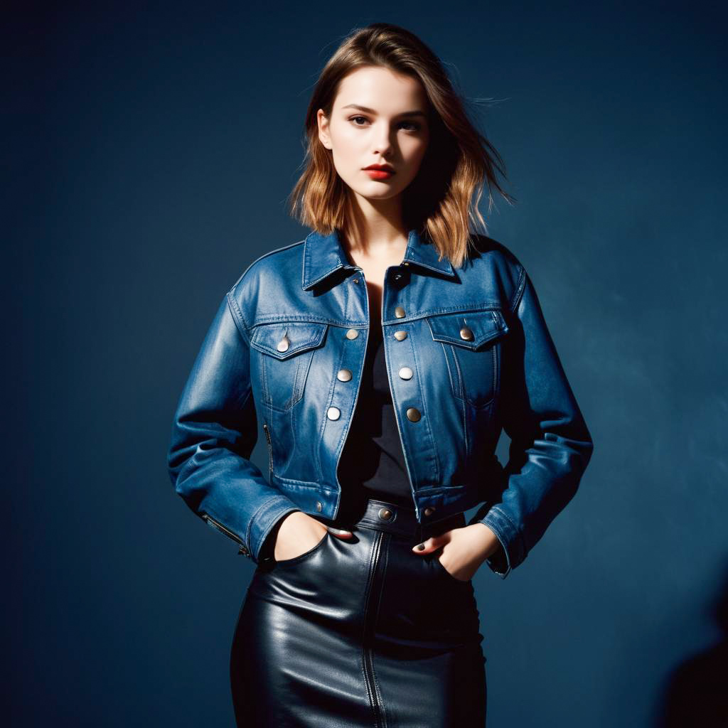 Stylish Young Woman in Denim Jacket and Black Skirt