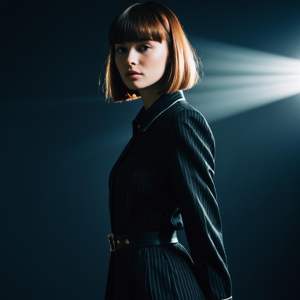 Stylish Woman in Pinstripe Outfit with Dramatic Cinematic Lighting