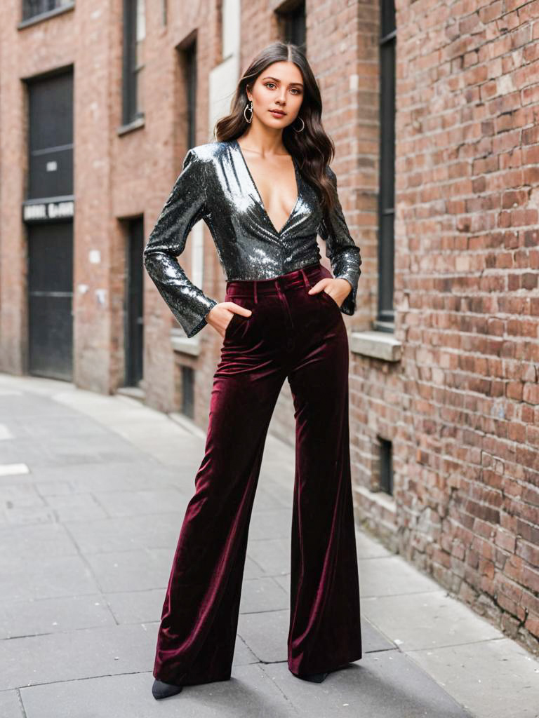 Stylish Woman in Silver Top and Burgundy Trousers