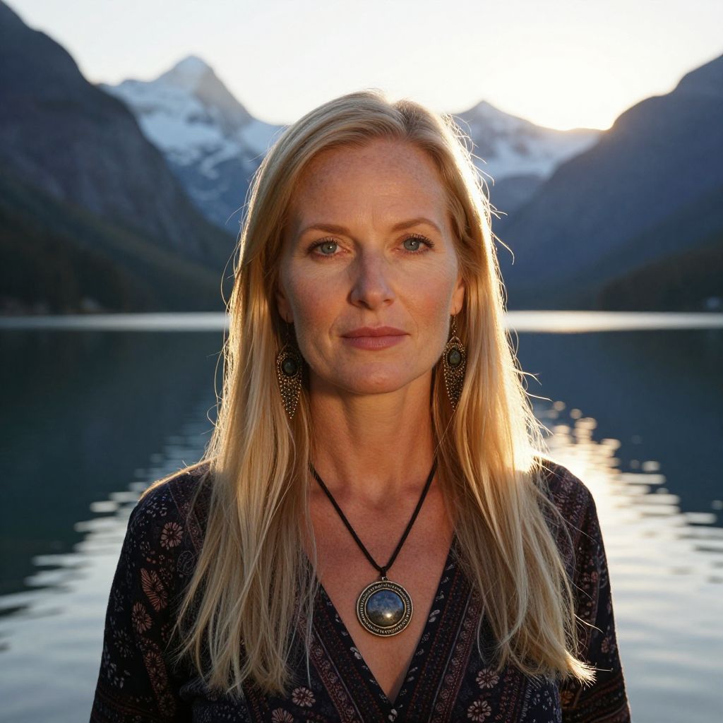 Blonde Woman Portrait by Mountain Lake at Sunset vllm2604162215312o