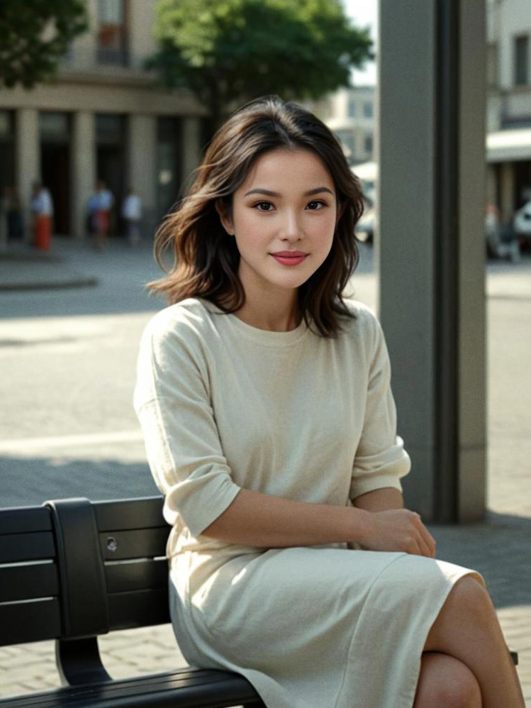 Woman on Bench in Urban Square