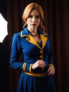 Realistic Rebecca Character Cosplay Woman in Blue and Yellow Costume