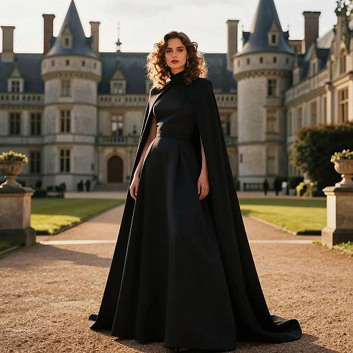 Elegant Woman in Black Gown and Cape at Historic Castle