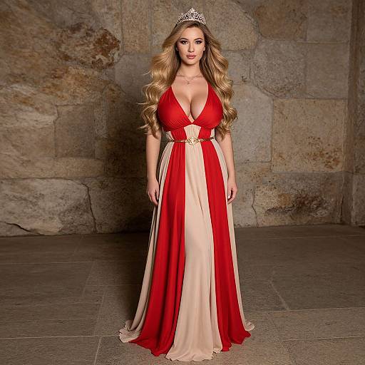 Glamorous Woman in Red and Beige Evening Gown with Tiara Against Stone Wall