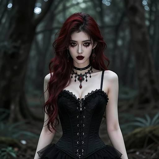 Gothic Woman with Red Hair in Dark Forest Corset Dress