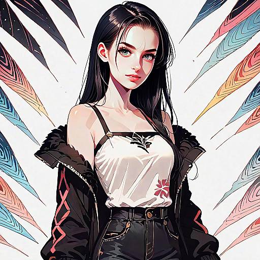 Anime Style Portrait of Young Woman with Abstract Feather Background