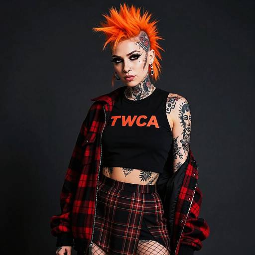 Punk Rock Woman with Orange Hair and Tattoos in Plaid Outfit