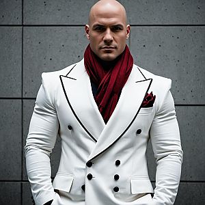 Stylish Bald Man in White Double-Breasted Blazer with Red Scarf