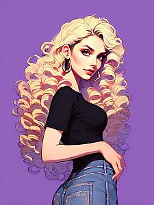 Stylish Woman with Blonde Curls in Fashionable Outfit
