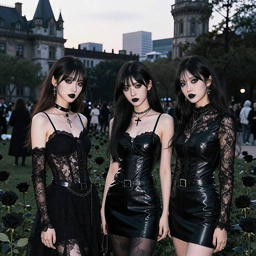 Modern Gothic Style Women in Black Leather and Lace Outfits Outdoors