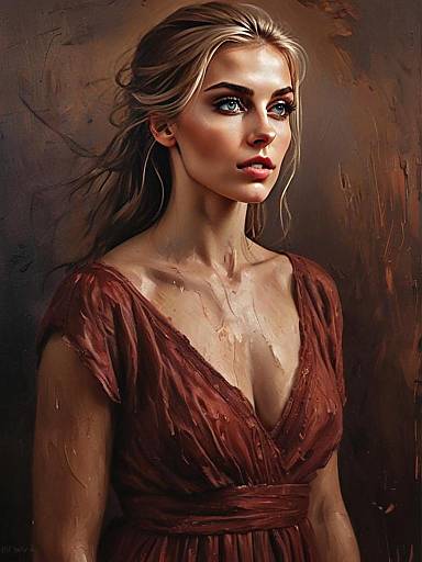 Portrait of Woman in Deep Red Dress Realistic Painting