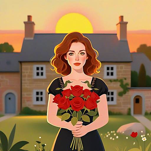 Digital Illustration of Woman Holding Red Roses at Sunset in Countryside