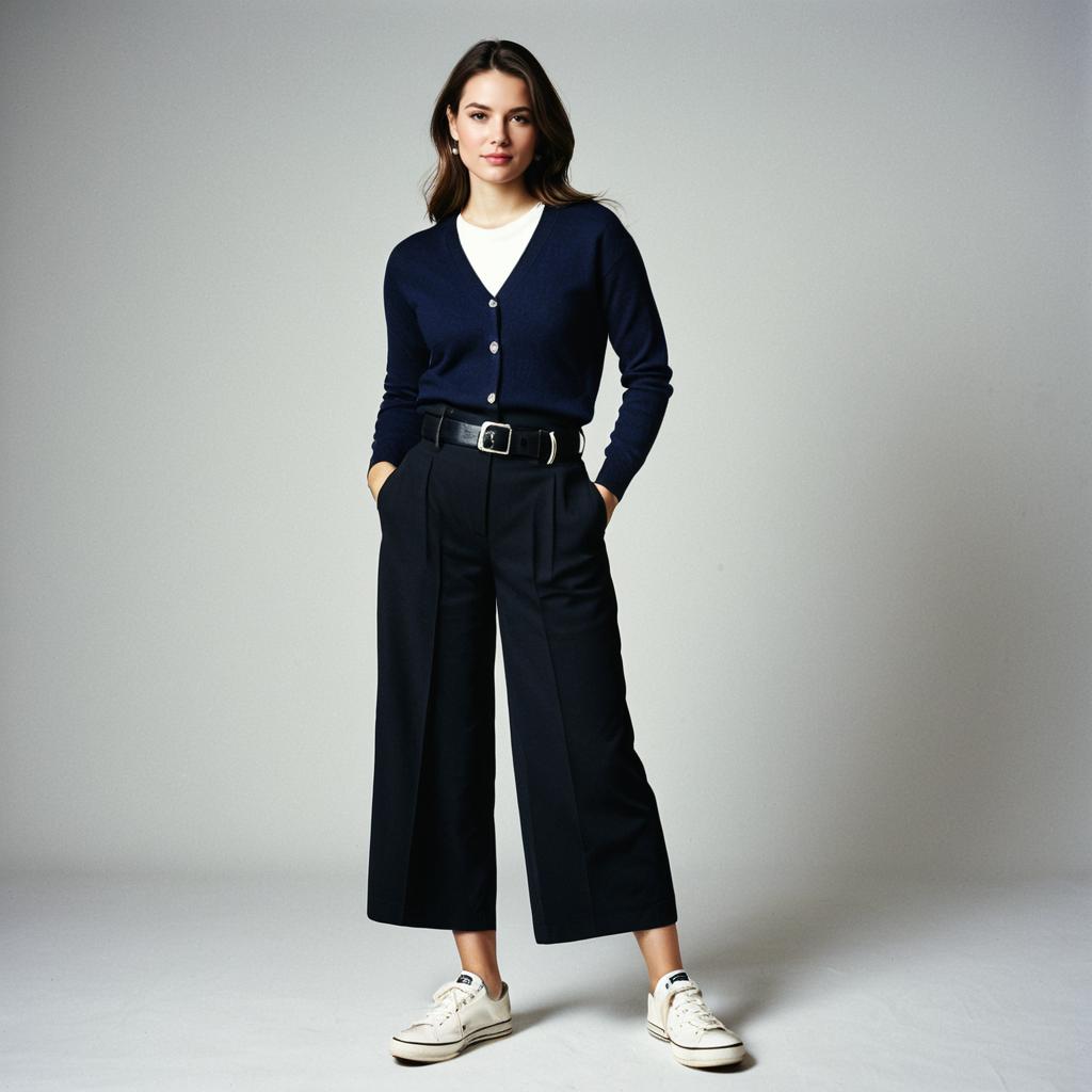 Confident Woman in Navy Cardigan and Wide Leg Trousers Casual Fashion Confident Woman in Navy Cardigan and Wide Leg Trousers Casual Fashion