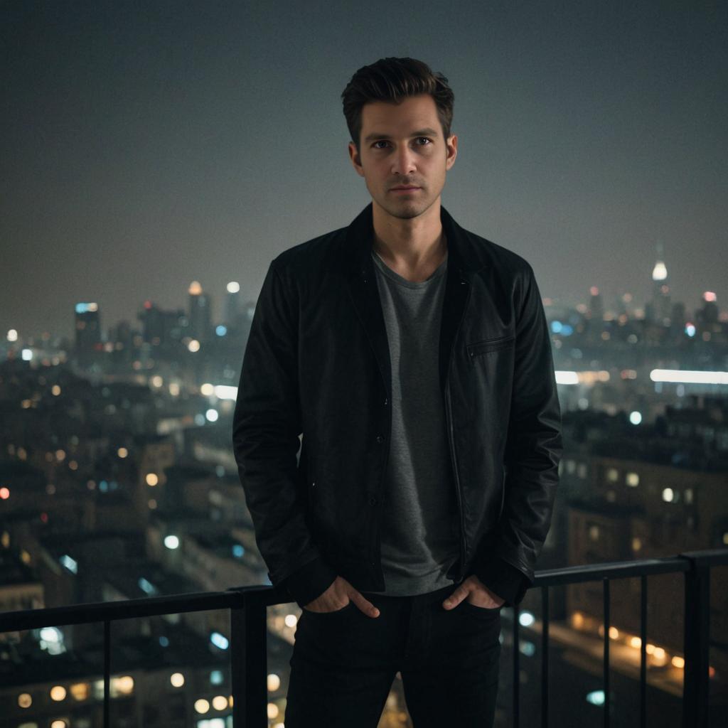 Confident Man on Urban Balcony at Night