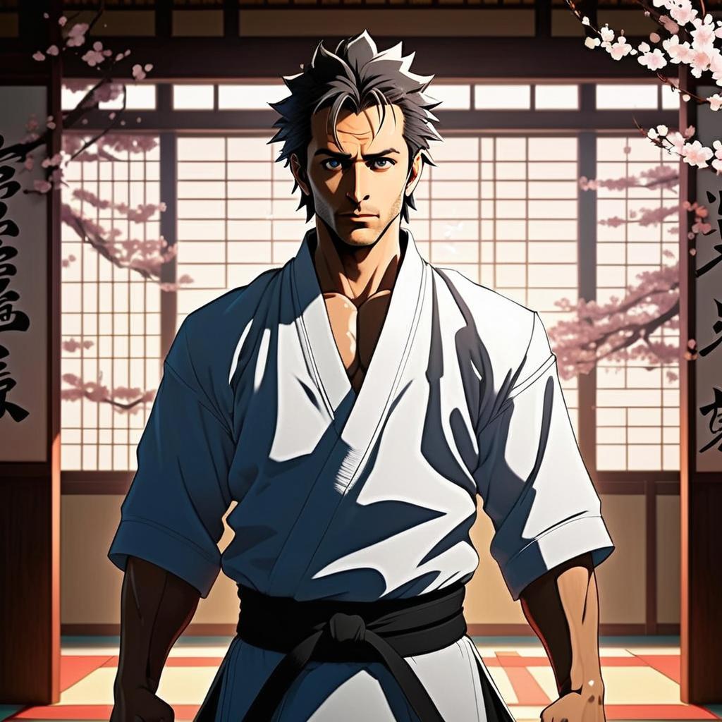 Determined Man in Martial Arts Gi in Dojo Determined Man in Martial Arts Gi in Dojo