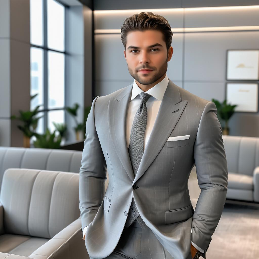 Confident Man in Stylish Gray Suit in Modern Office