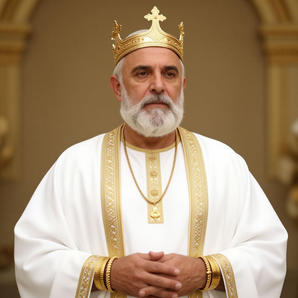 Older Man Wearing Regal Gold Crown and Ornate White and Gold Robes