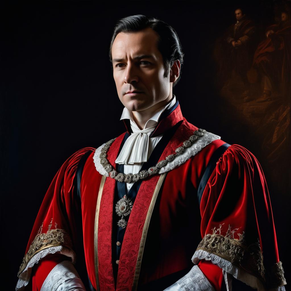 Man in Traditional Red Ceremonial Robe with Gold Embroidery Portrait