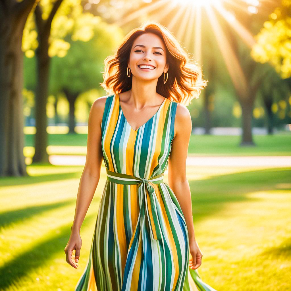 Joyful Woman in Vibrant Dress at Sunlit Park