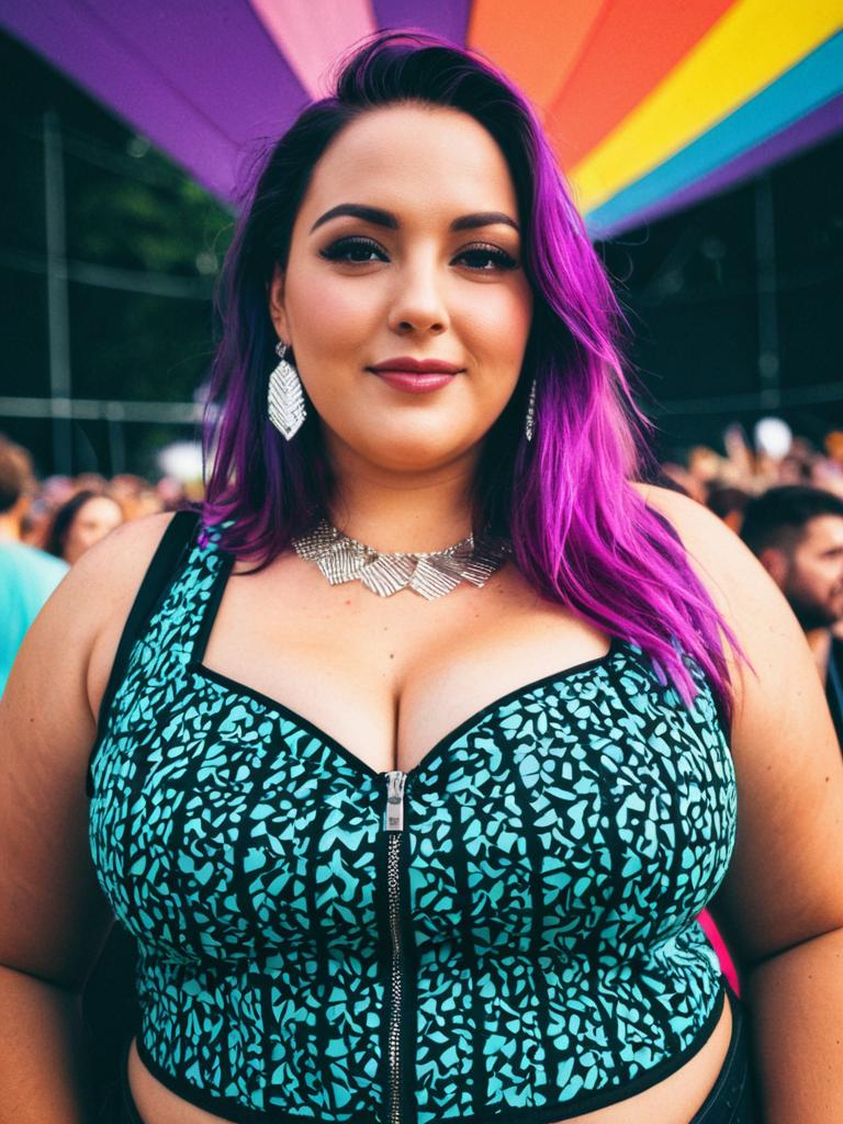 Plus Size Woman in Stylish EDM Festival Outfit with Purple Hair