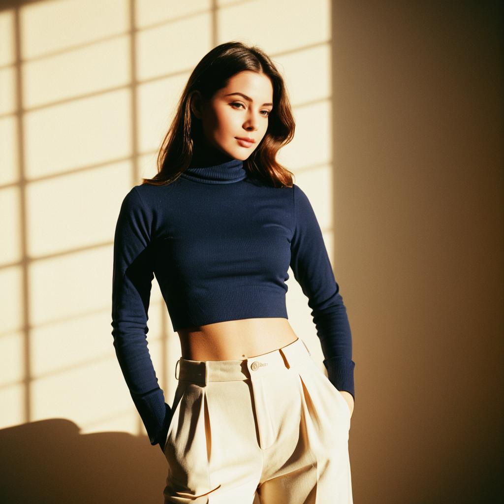 Young Woman in Navy Cropped Turtleneck and Cream Trousers Posing by Window