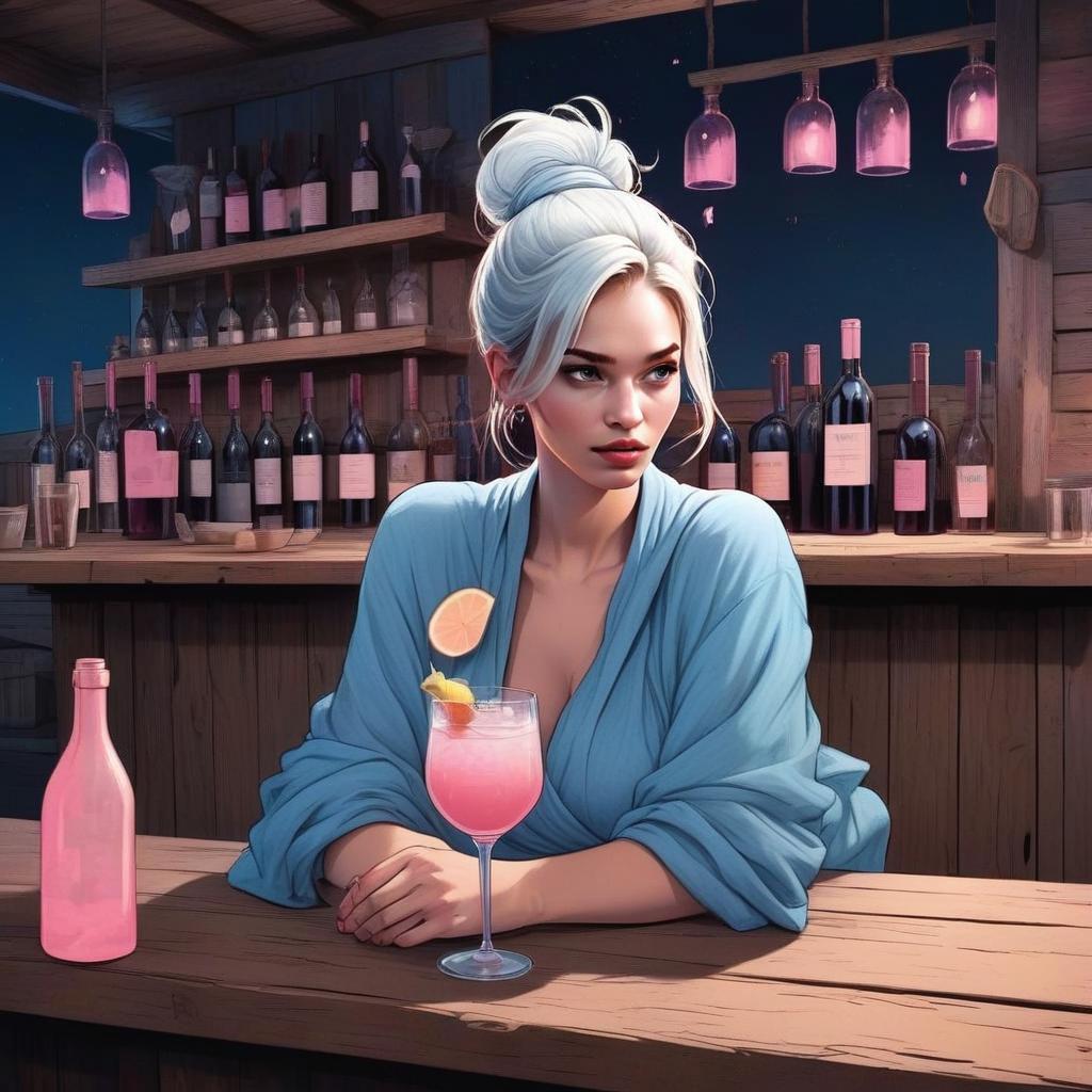 Thoughtful Woman in Blue Robe with Cocktail Thoughtful Woman in Blue Robe with Cocktail