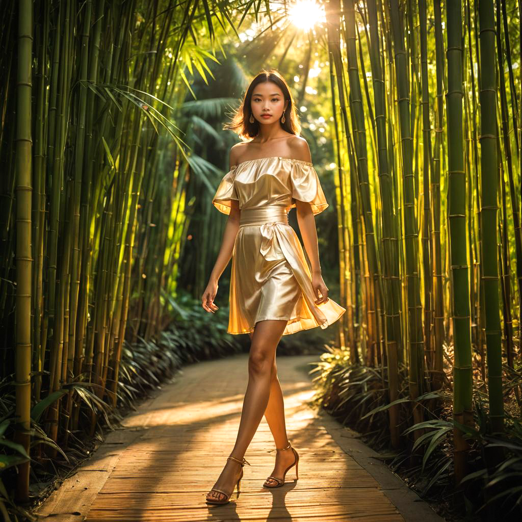 Elegant Woman in Golden Dress on Bamboo Pathway