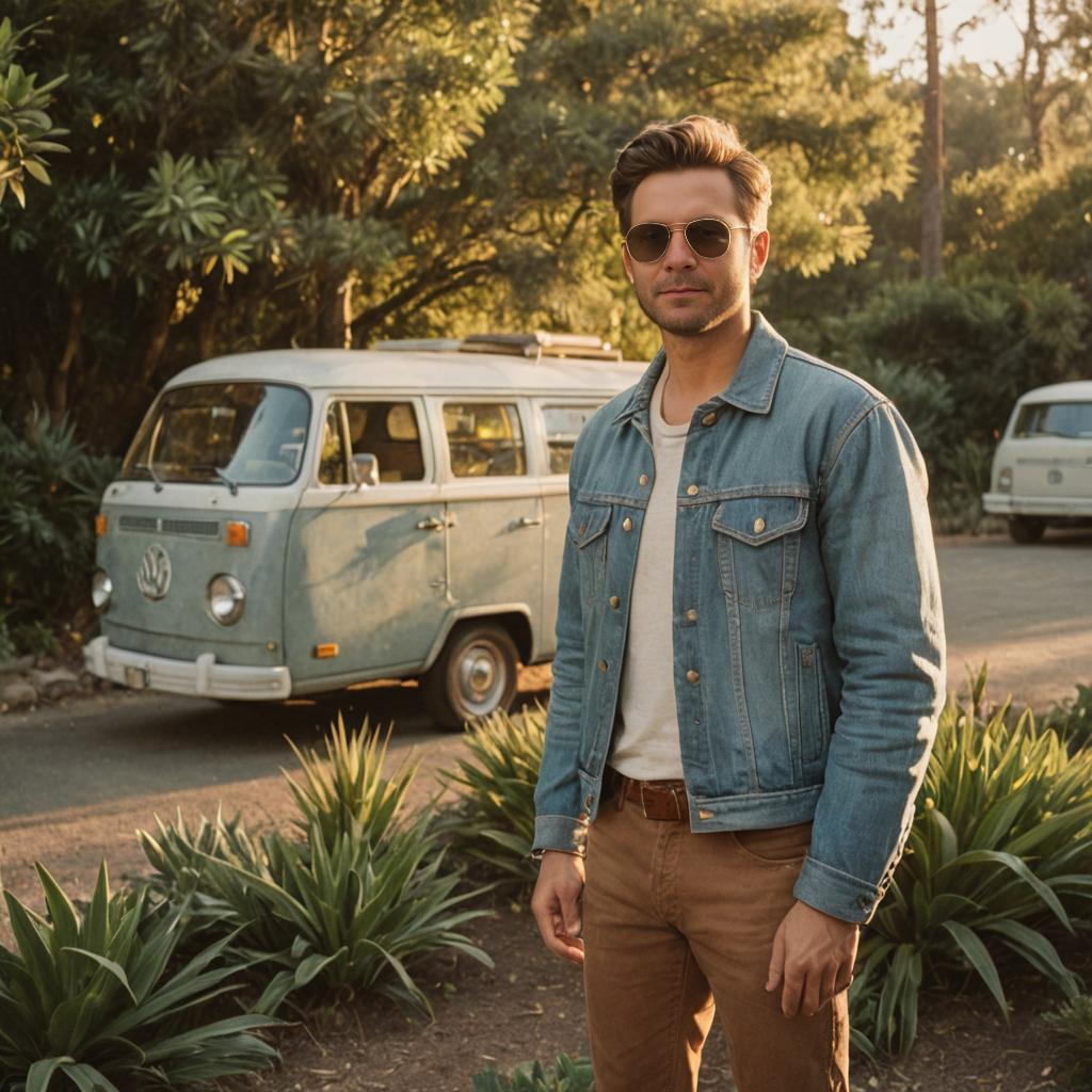 Stylish man in sunglasses by vintage VW van in California