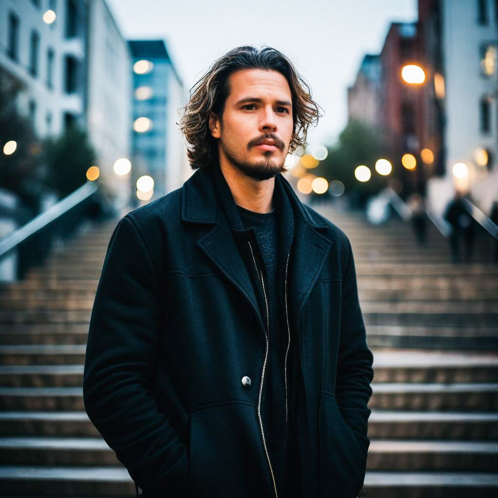 Confident man in urban setting with bokeh lights