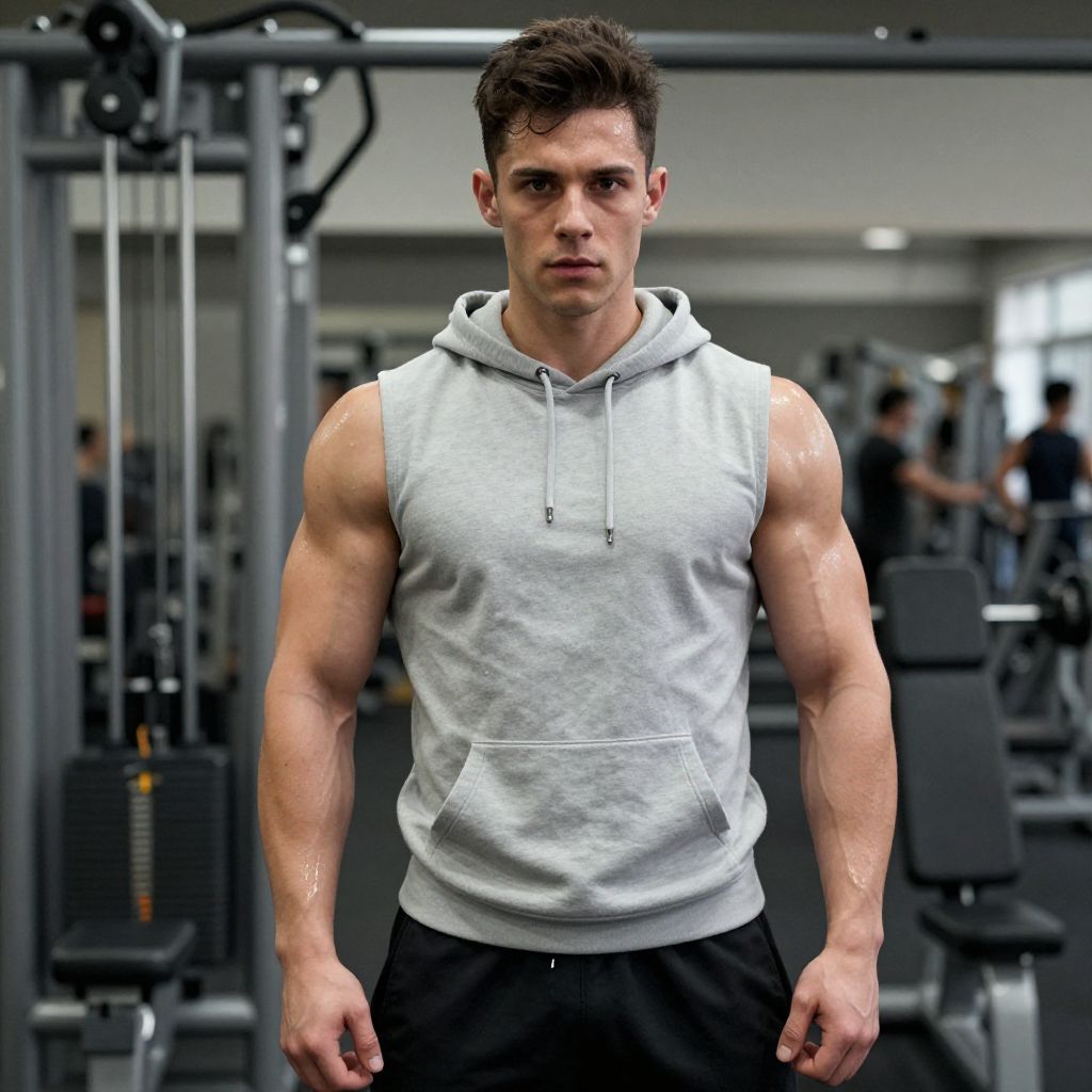 Muscular Young Man in Sleeveless Hoodie at Gym