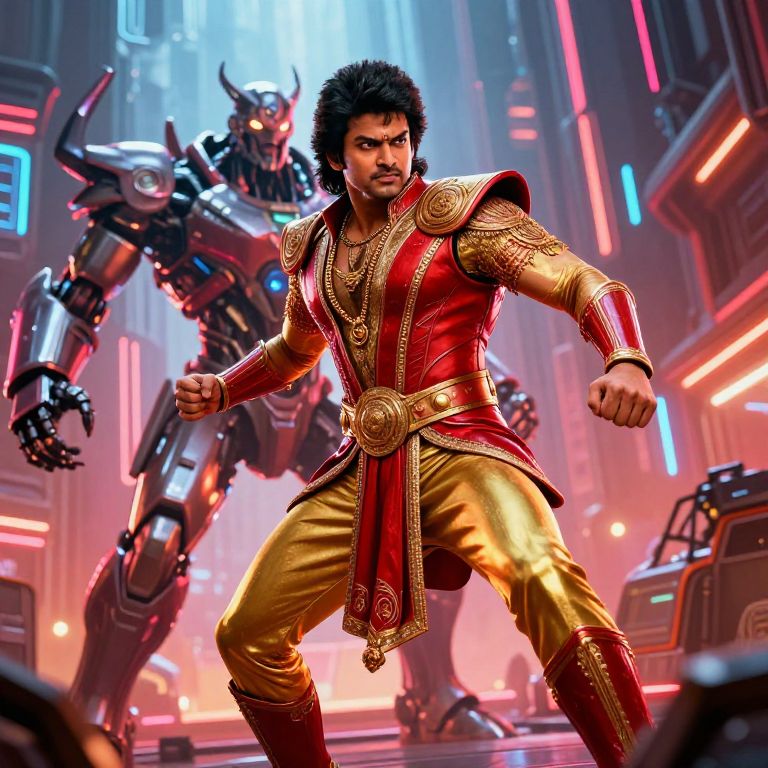 Heroic Man in Red and Gold Armor Facing Futuristic Robot in Neon Sci-Fi Setting