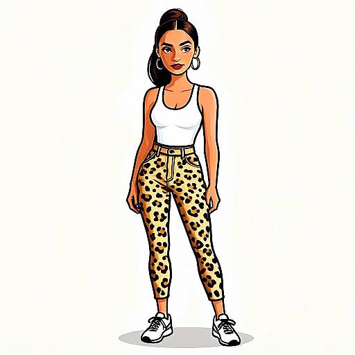Cartoon Illustration of Woman in White Tank Top and Leopard Print Pants