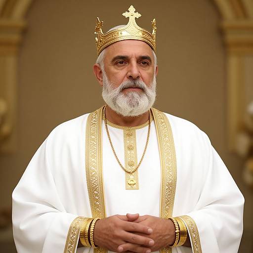 Older Man Wearing Regal Gold Crown and Ornate White and Gold Robes
