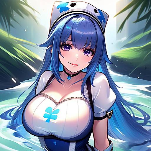 Anime Woman with Blue Hair in Nurse Outfit by River Illustration