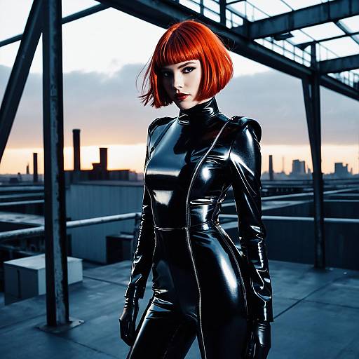 Futuristic Woman in Shiny Black Latex Suit with Red Hair on Industrial Rooftop