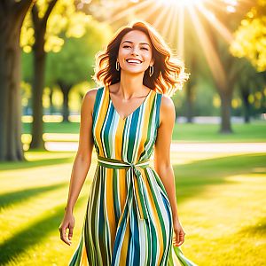 Joyful Woman in Vibrant Dress at Sunlit Park