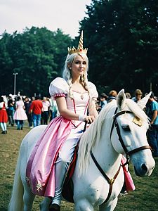 Woman in Princess Unicorn Costume Riding White Horse at Cosplay Festival
