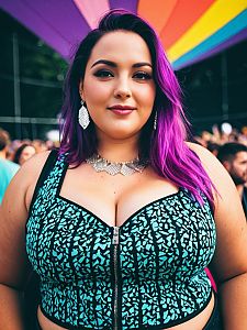 Plus Size Woman in Stylish EDM Festival Outfit with Purple Hair