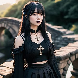 Elegant Woman on Stone Bridge